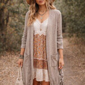 Easel Boho Taupe Duster Cardigan Size Large Cozy Lagenlook Festival